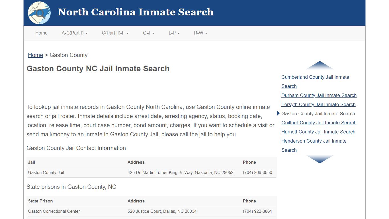 Gaston County NC Jail Inmate Search